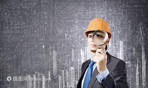 建筑輕的工程師與放大鏡的素描背景 現代建筑工程中的精密與詩意